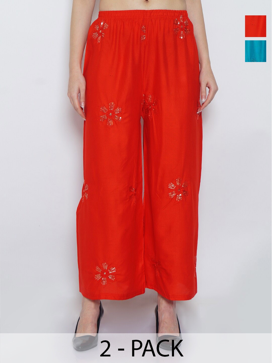 

GRACIT Pack Of 2 Floral Embroidered Wide Leg Palazzos, Red