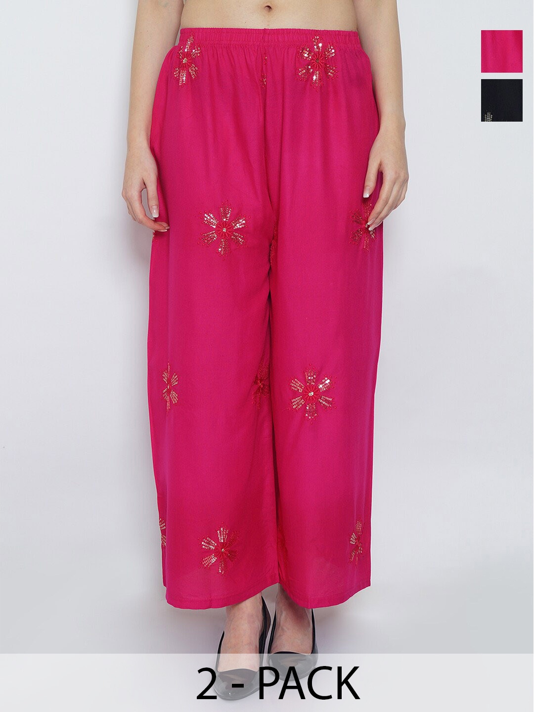 

GRACIT Women Pack Of 2 Floral Embroidered Wide Leg Knitted Palazzos, Black