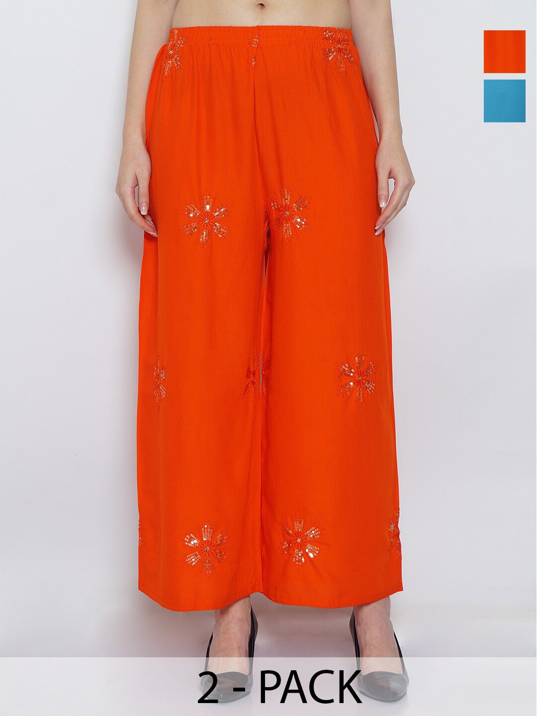 

GRACIT Pack Of 2 Floral Embroidered Wide Leg Palazzos, Orange