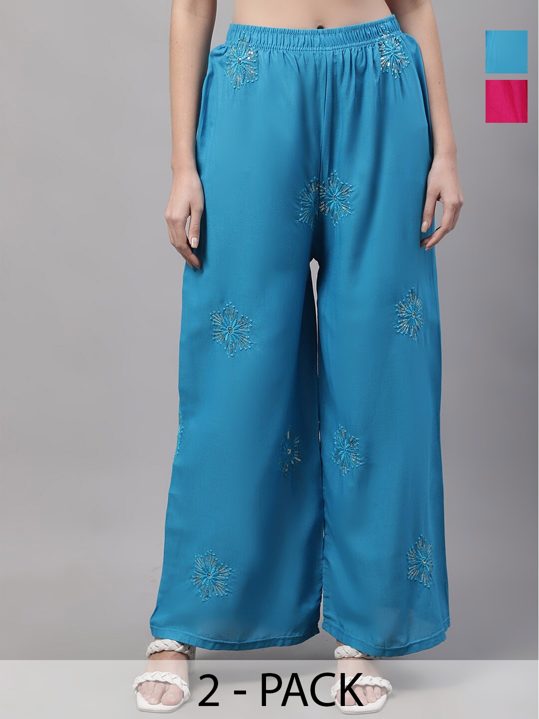 

GRACIT Pack Of 2 Floral Embroidered Wide Leg Knitted Palazzos, Pink