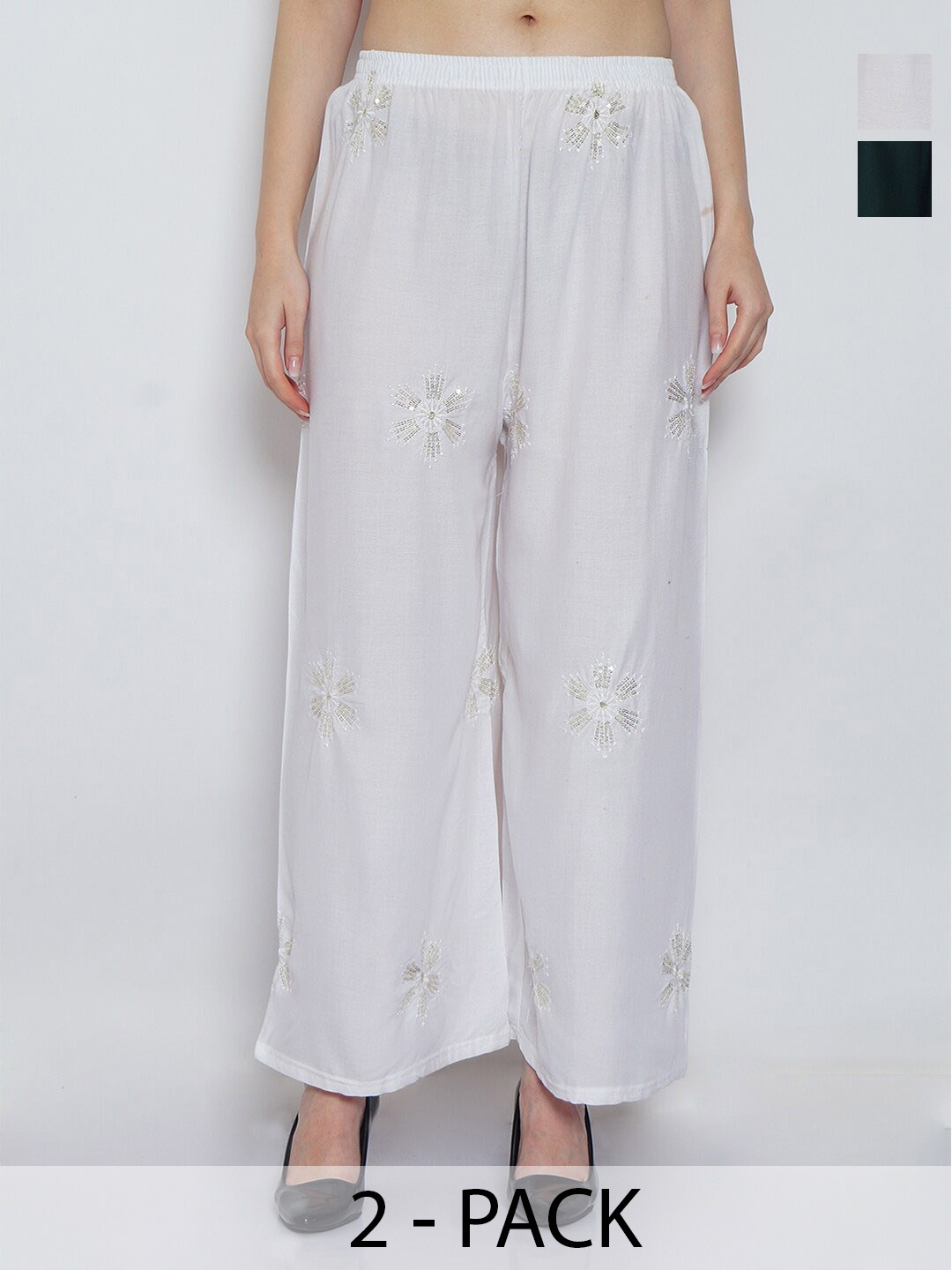 

GRACIT Pack Of 2 Floral Embroidered Wide Leg Palazzos, White