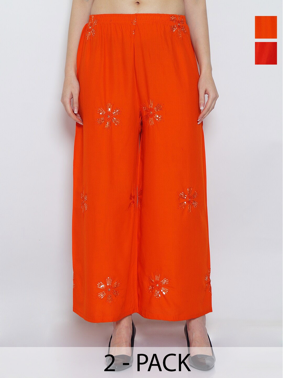 

GRACIT Pack Of 2 Floral Embellished Wide Leg Palazzos, Red