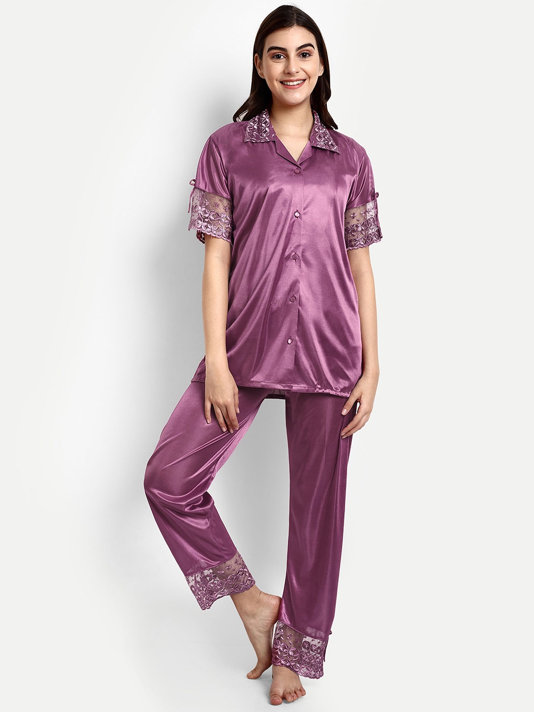 

AVYAY Self Design Lapel Collar Satin Night Suit, Purple