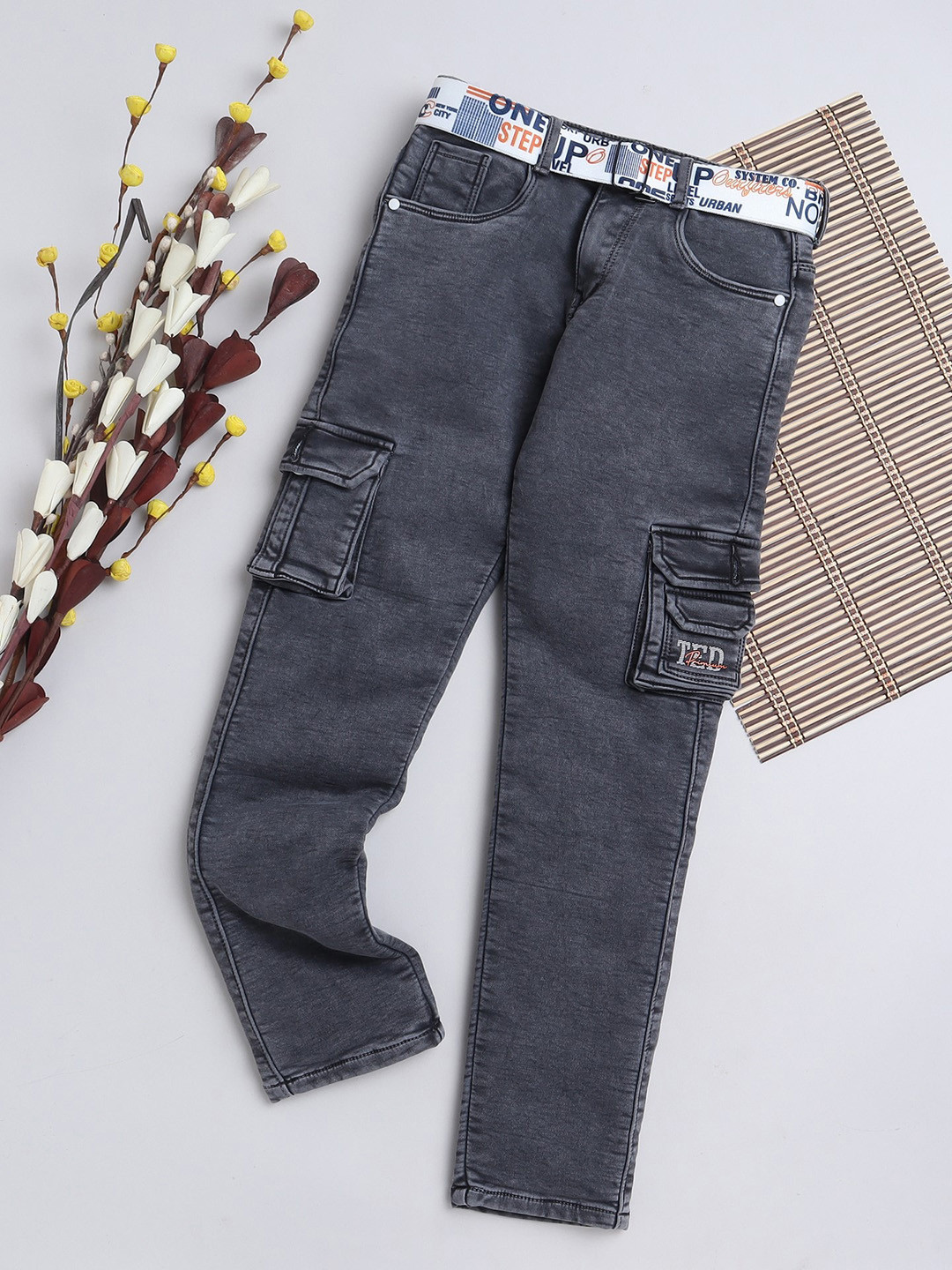 

BAESD Boys Comfort Clean Look Embroidered Cotton Denim Cargo Jeans, Charcoal