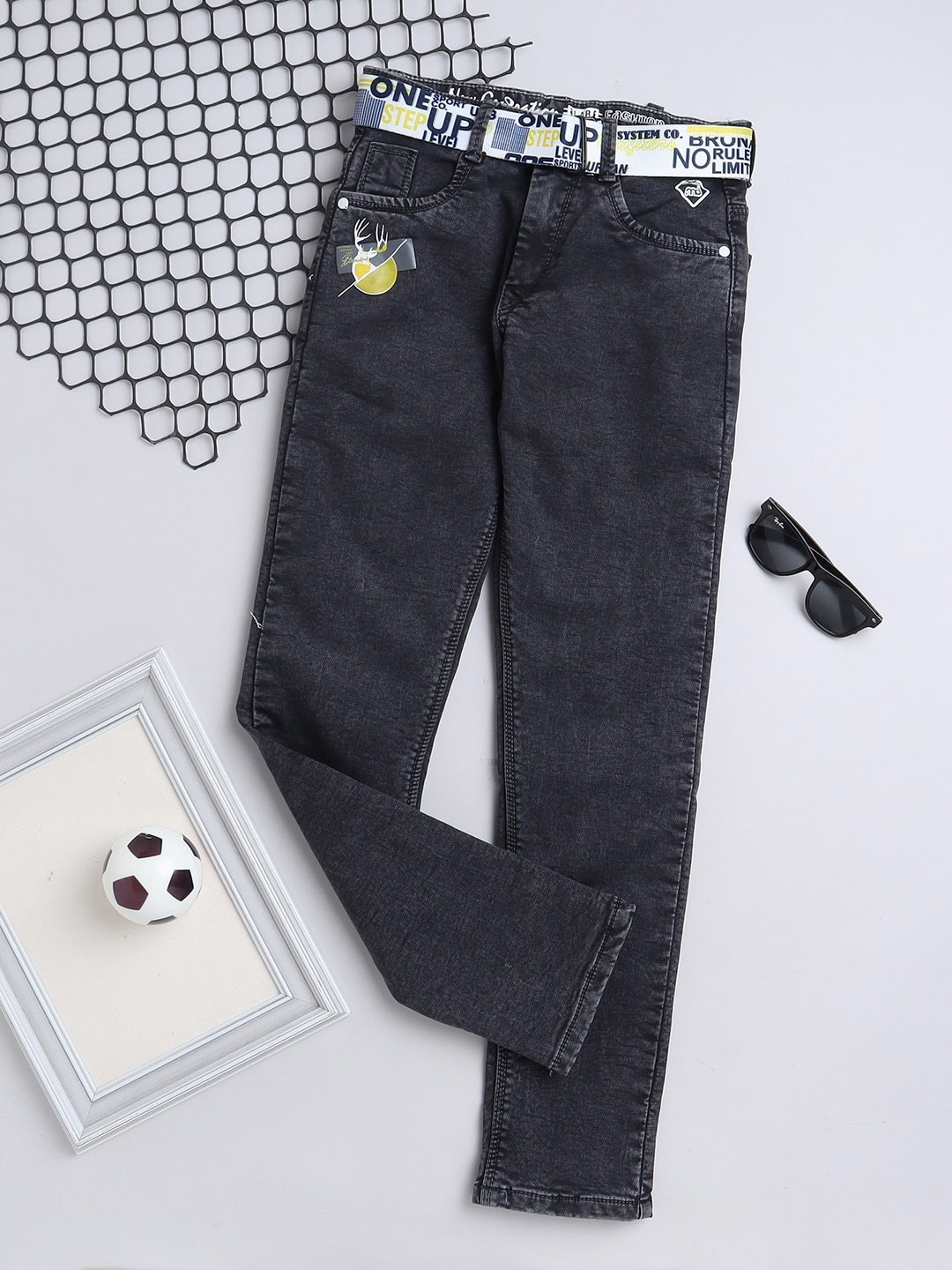 

BAESD Boys Comfort Embroidered Mid Rise Clean Look Cotton Denim Jeans, Charcoal