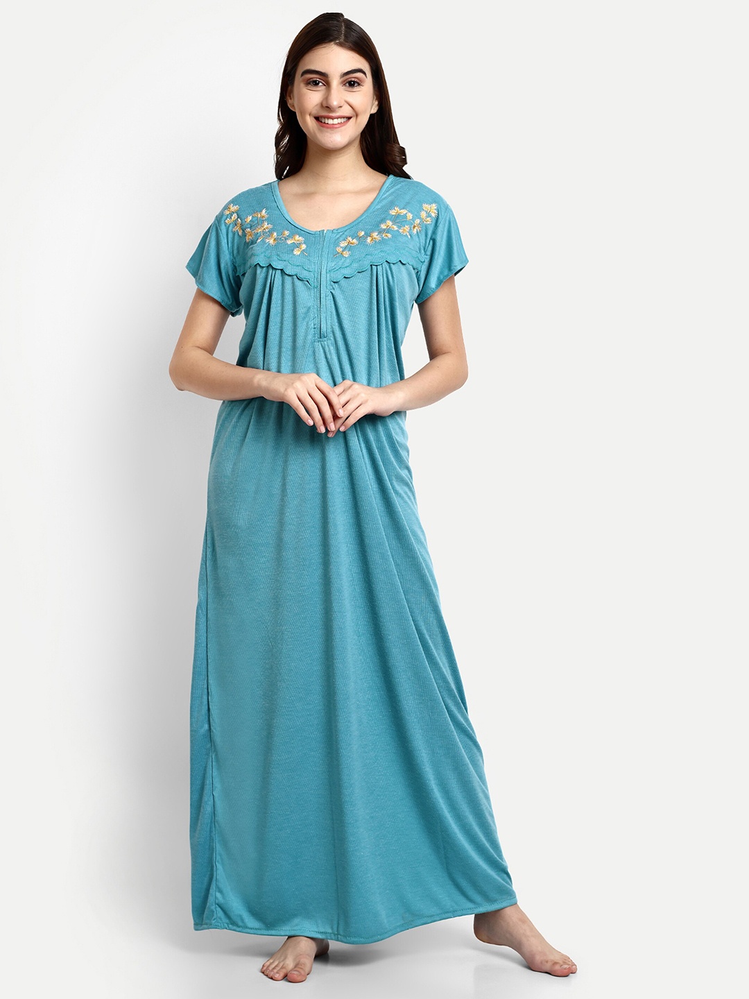 

AVYAY Floral Embroidered Feeding Maxi Nightdress, Green