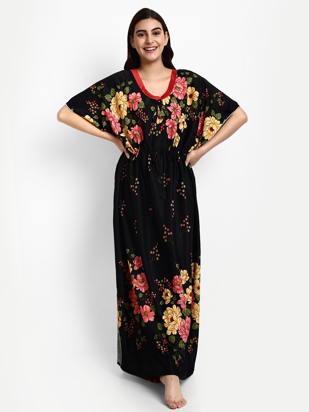 

AVYAY Printed Satin Maxi Kaftan Nightdress, Black