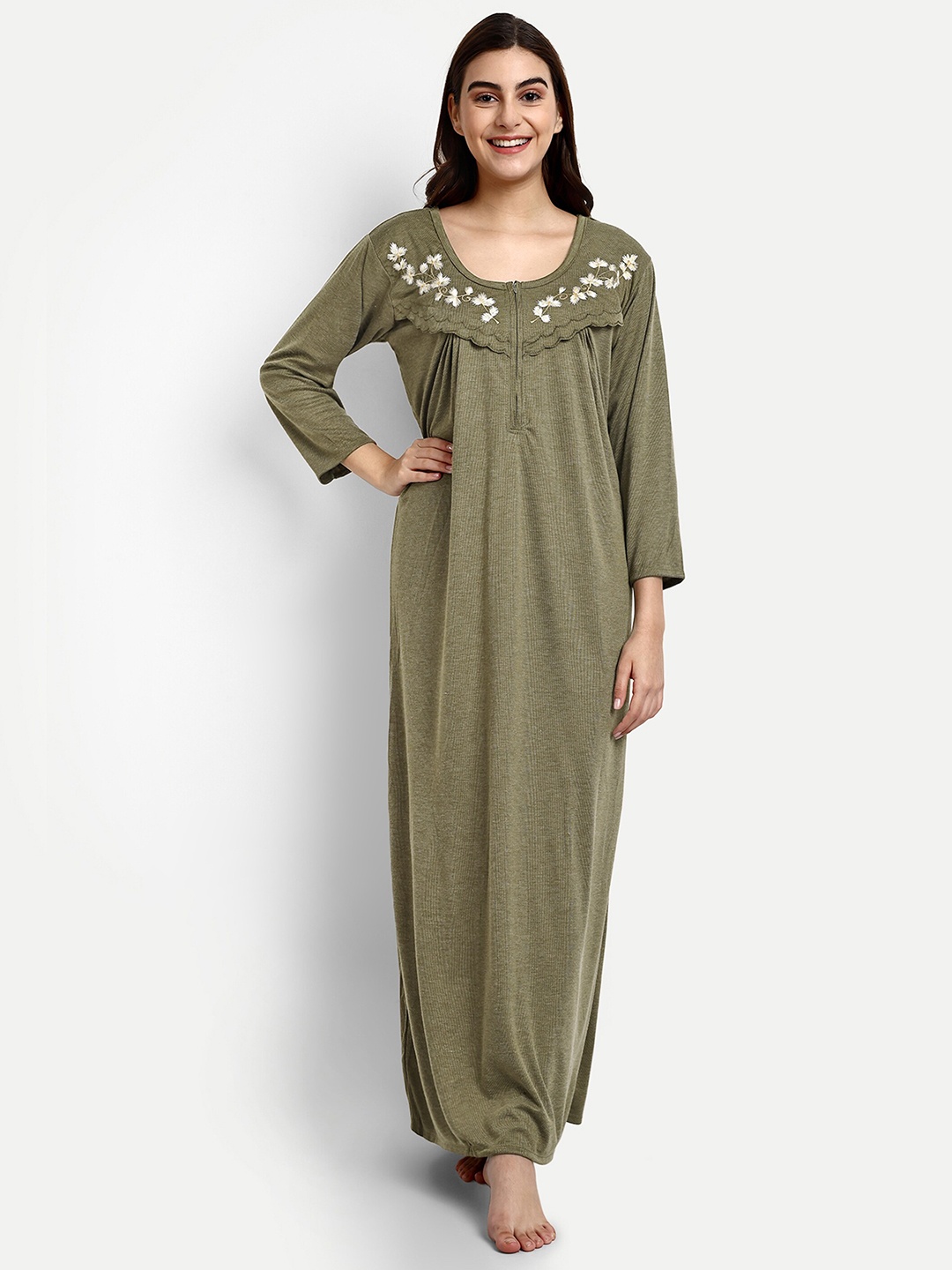 

AVYAY Floral Embroidered Feeding Maxi Nightdress, Green