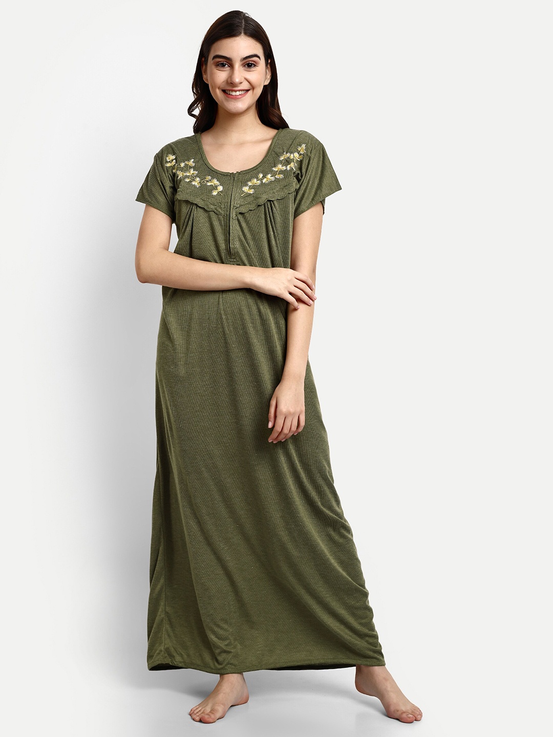 

AVYAY Floral Embroidered Feeding Maxi Nightdress, Green