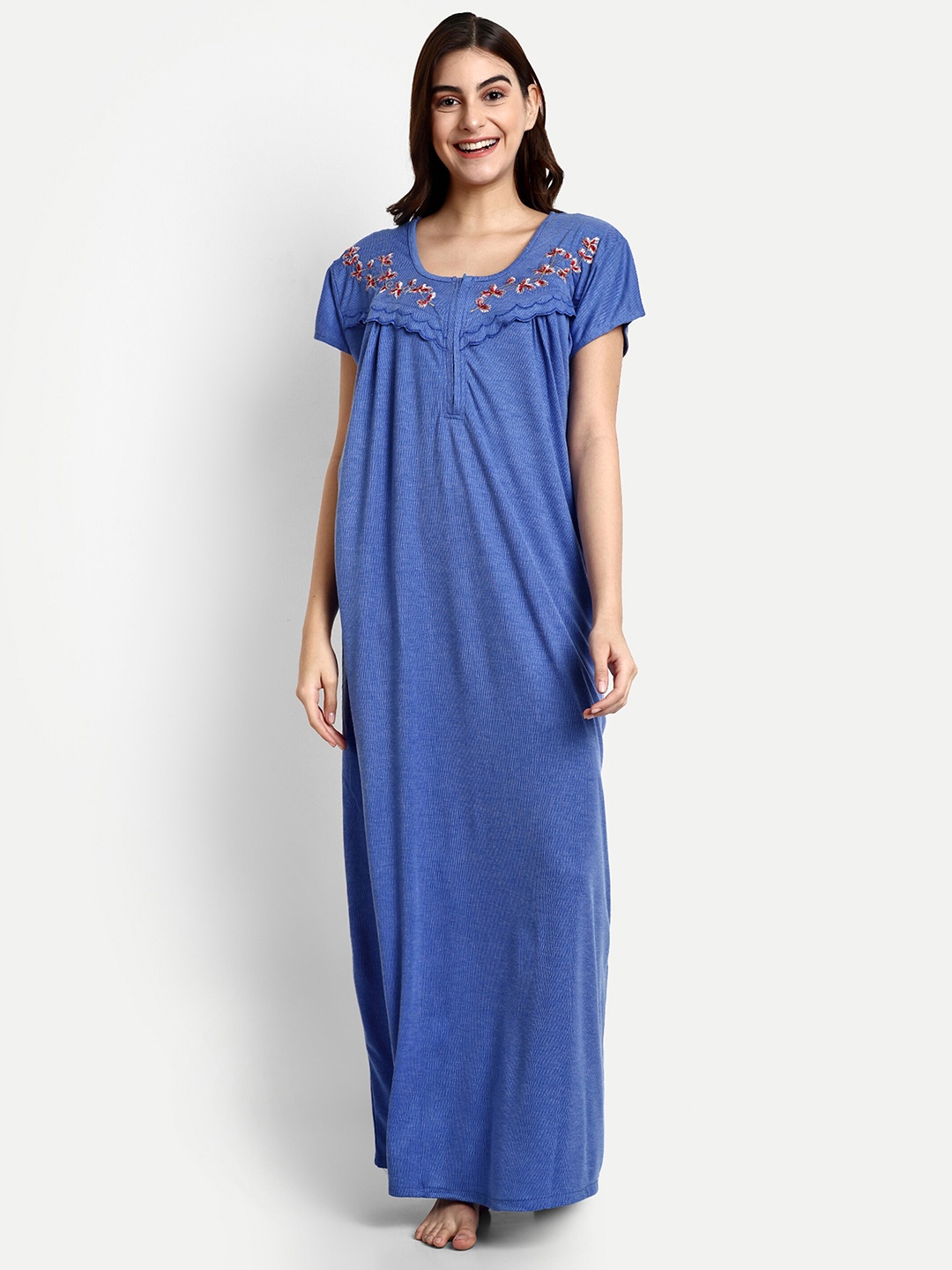 

AVYAY Floral Embroidered Feeding Maxi Nightdress, Blue