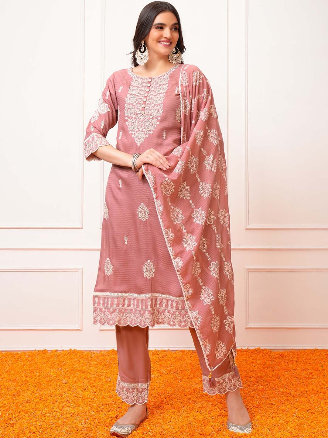 

Vishudh Rose Ethnic Motifs Embroidered Regular Kurta with Trouser & Dupatta