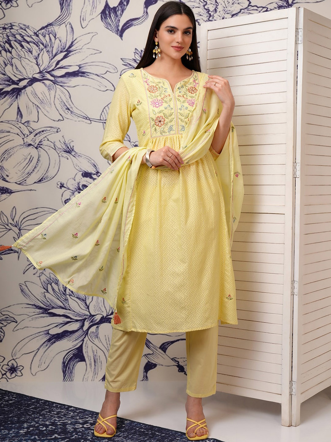 

Vishudh Yellow Embroidered Thread Work Cotton Straight Kurta With Trousers & Dupatta