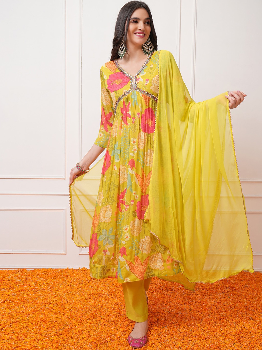 

Vishudh Floral Printed Empire Kurta with Trousers & With Dupatta, Mustard