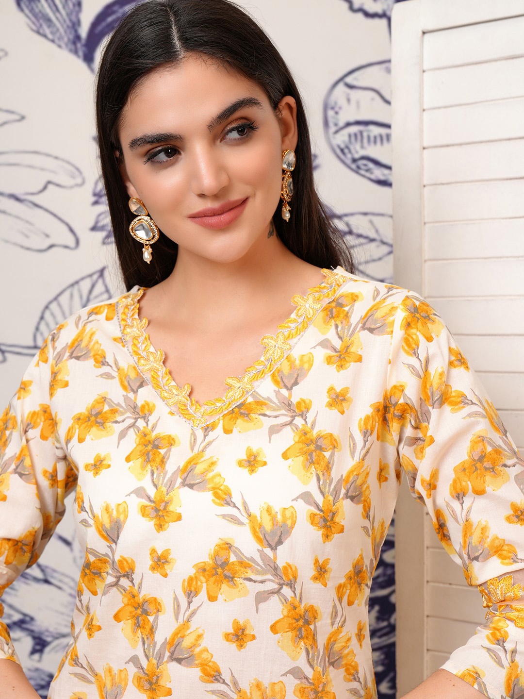 Vishudh Yellow Floral Printed Thread Work Cotton A-Line Kurta