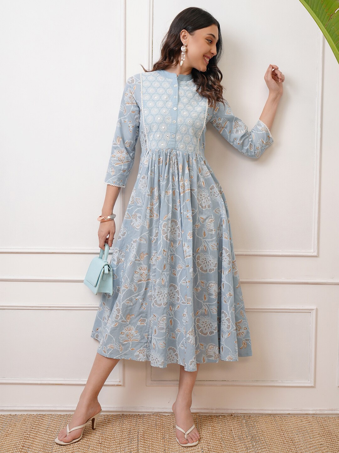 

Vishudh Ethnic Motifs Printed A-Line Midi Dress, Blue