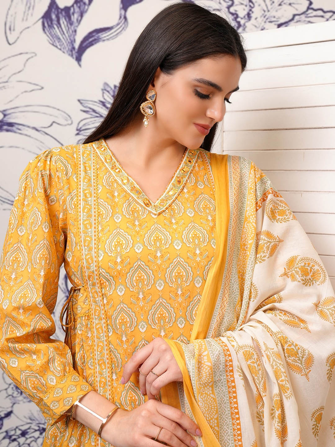 

Vishudh Mustard Ethnic Motifs Printed Regular Pure Cotton Kurta with Trouser & Dupatta