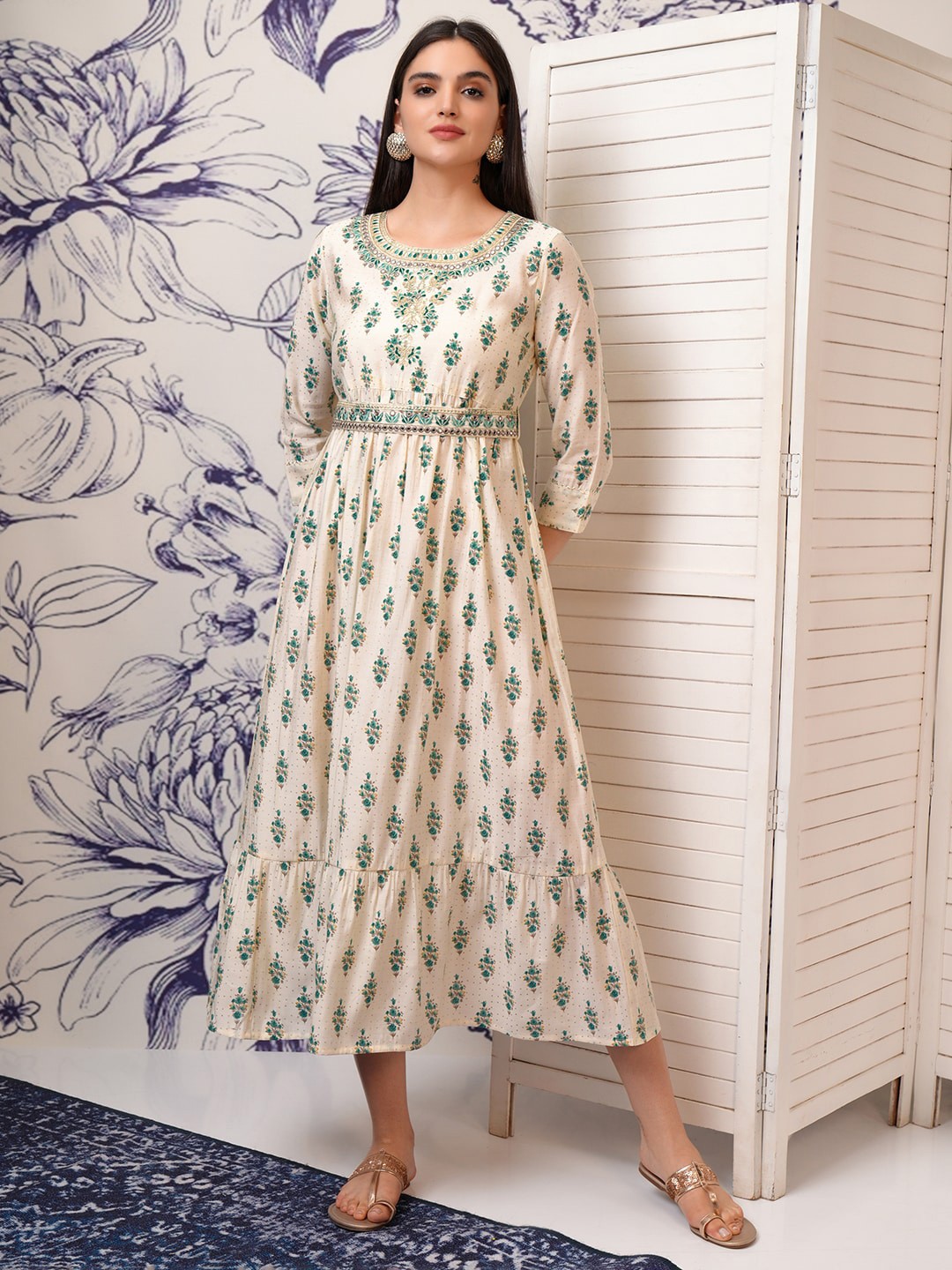 Vishudh Floral Printed Flared Sleeves A-Line Midi Dress, Green