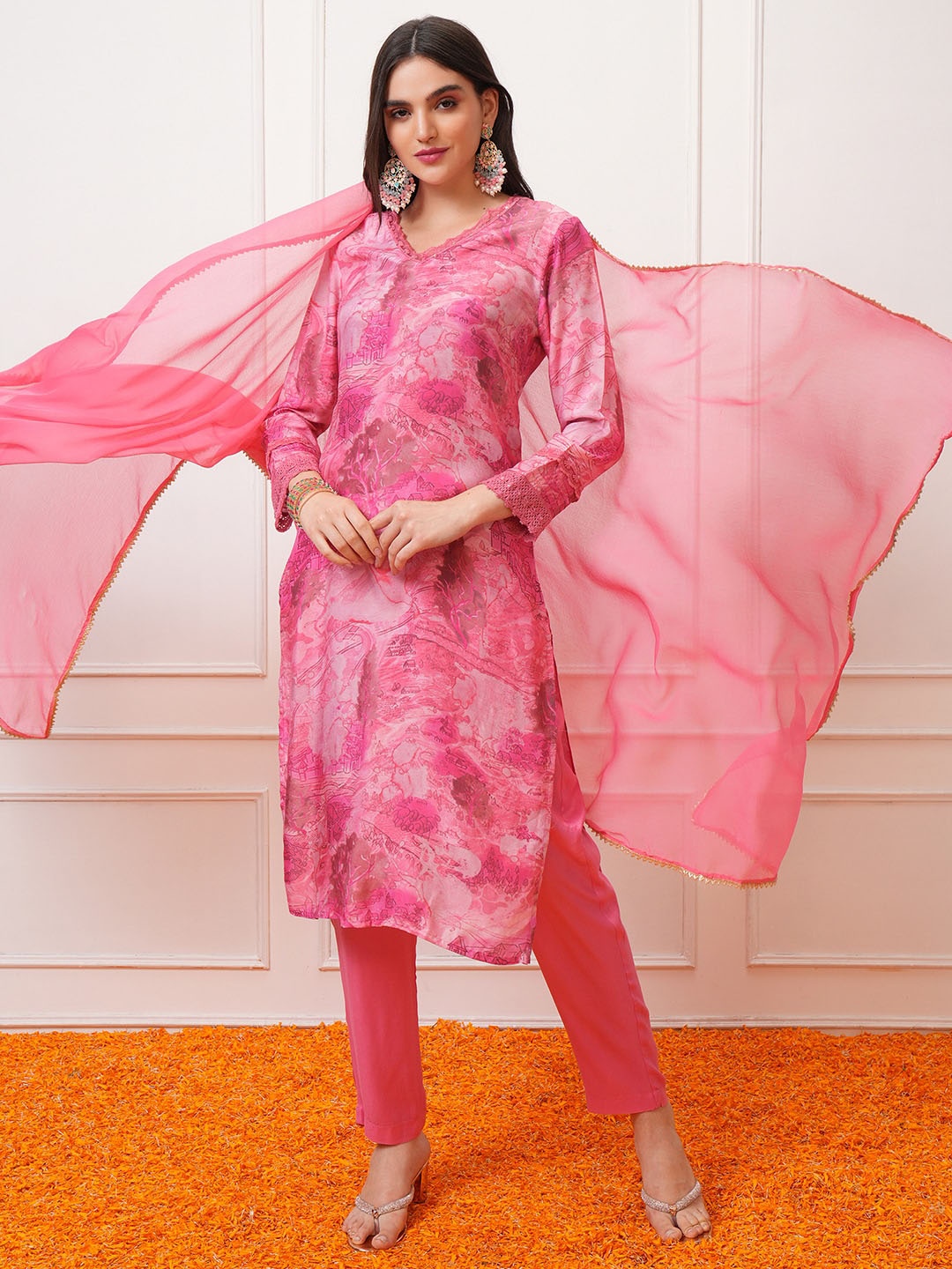 

Vishudh Pink Printed Regular Kurta with Trouser & Dupatta