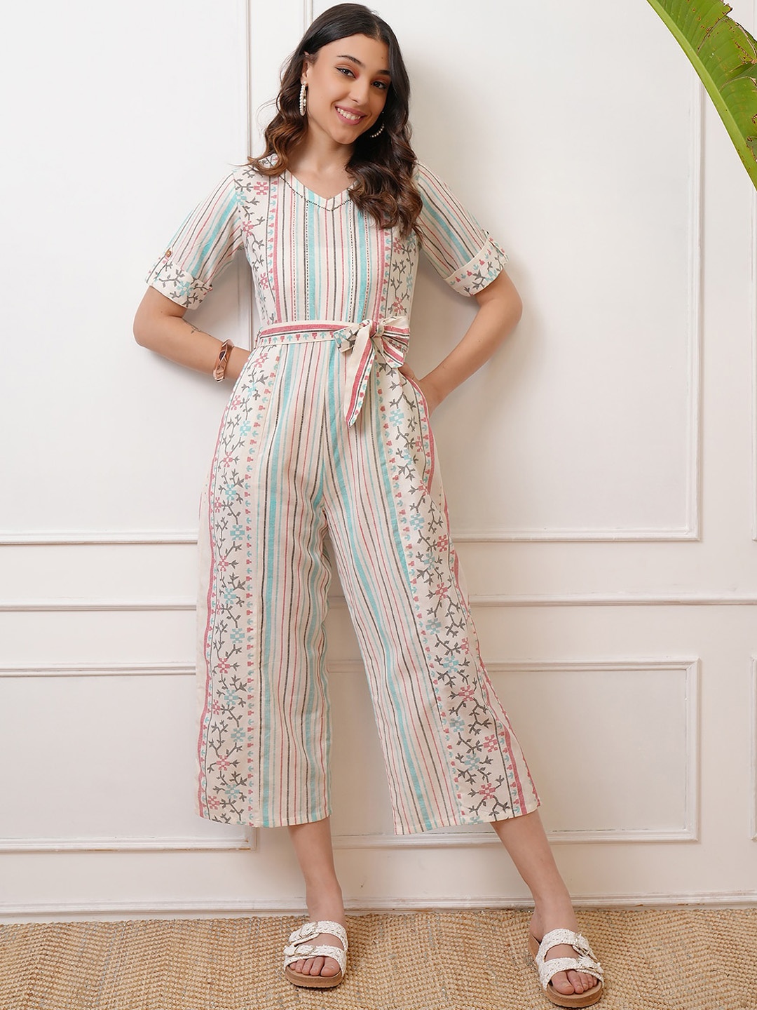 

Vishudh Striped V-Neck Cotton Jumpsuit With Belt, Blue