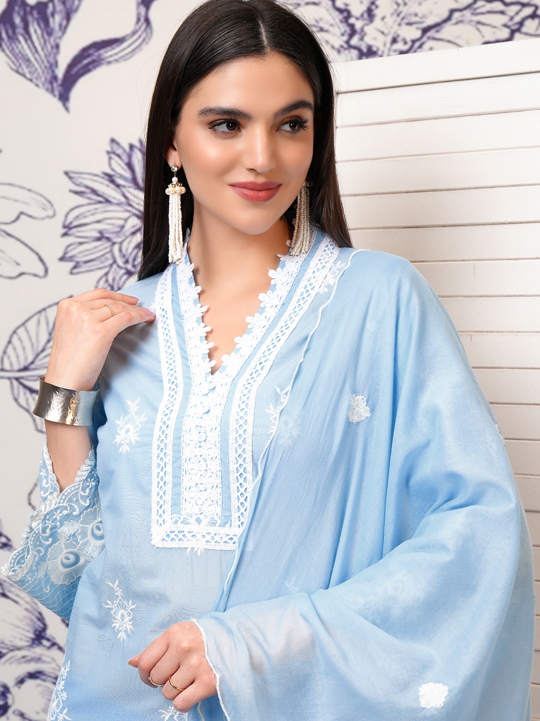 

Vishudh Blue Ethnic Motifs Regular Thread Work Pure Cotton Kurta with Trouser & Dupatta