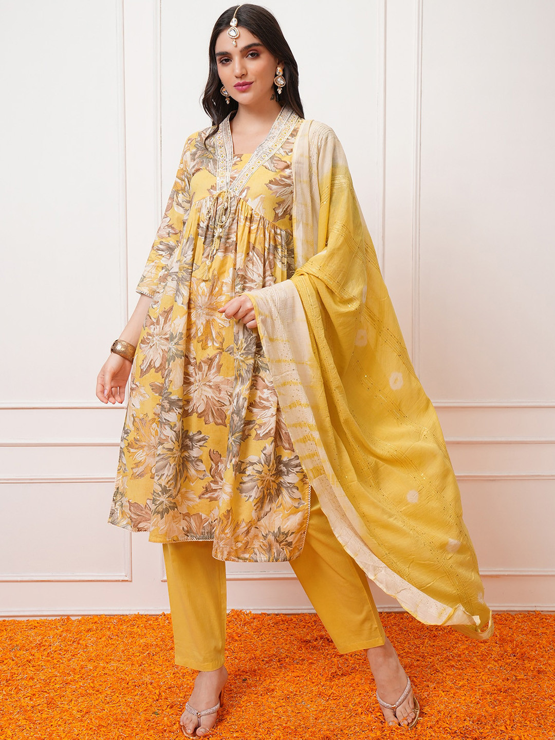 

Vishudh Floral Printed Pleated Sequinned Pure Cotton Kurta with Trousers & With Dupatta, Yellow