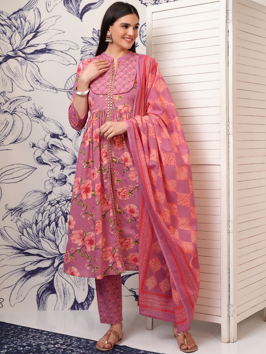 

Vishudh Floral Printed Regular Mirror Work Pure Cotton Kurta with Trousers & With Dupatta, Pink