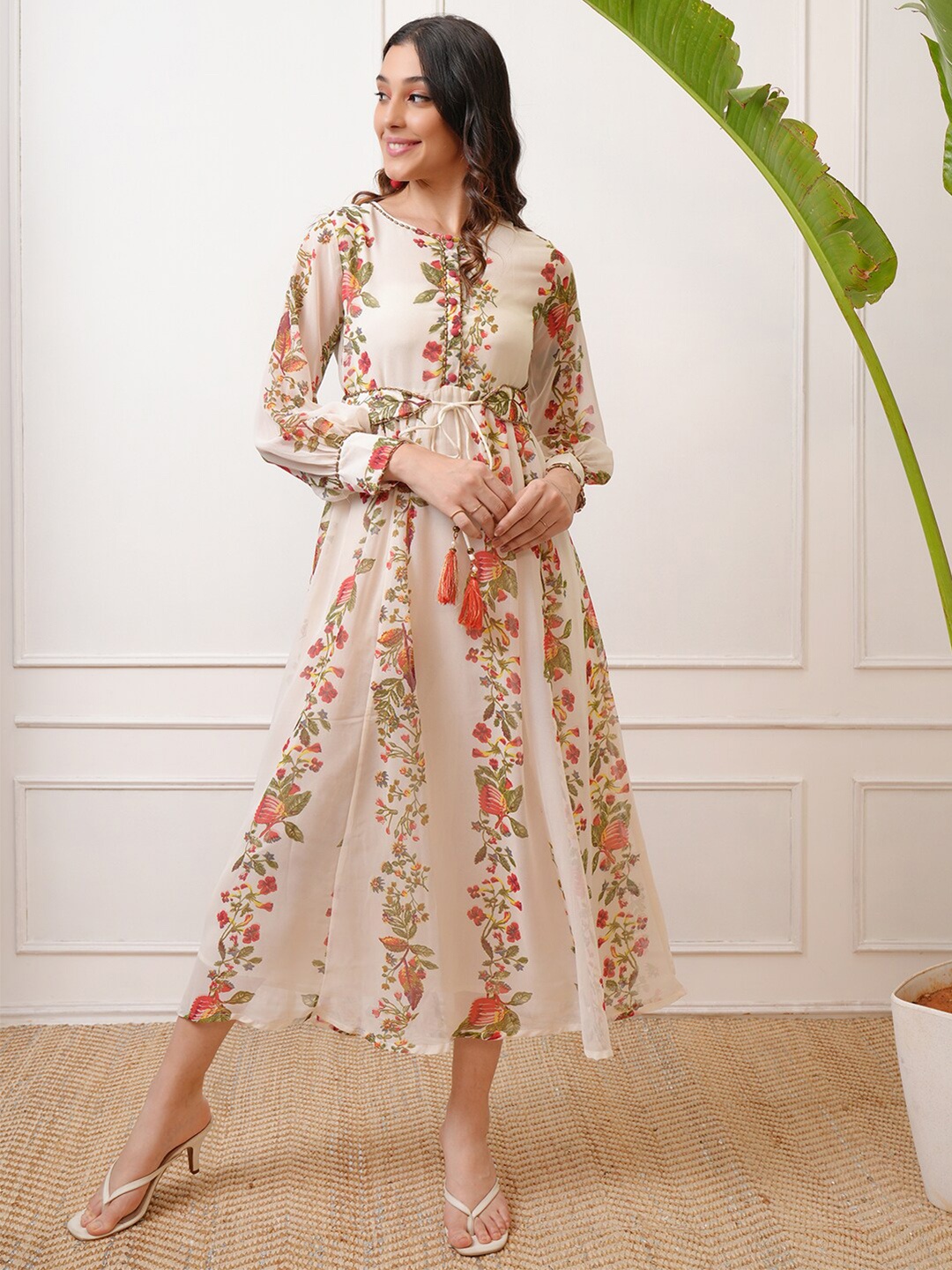 

Vishudh Floral Printed A-Line Midi Dress, Off white
