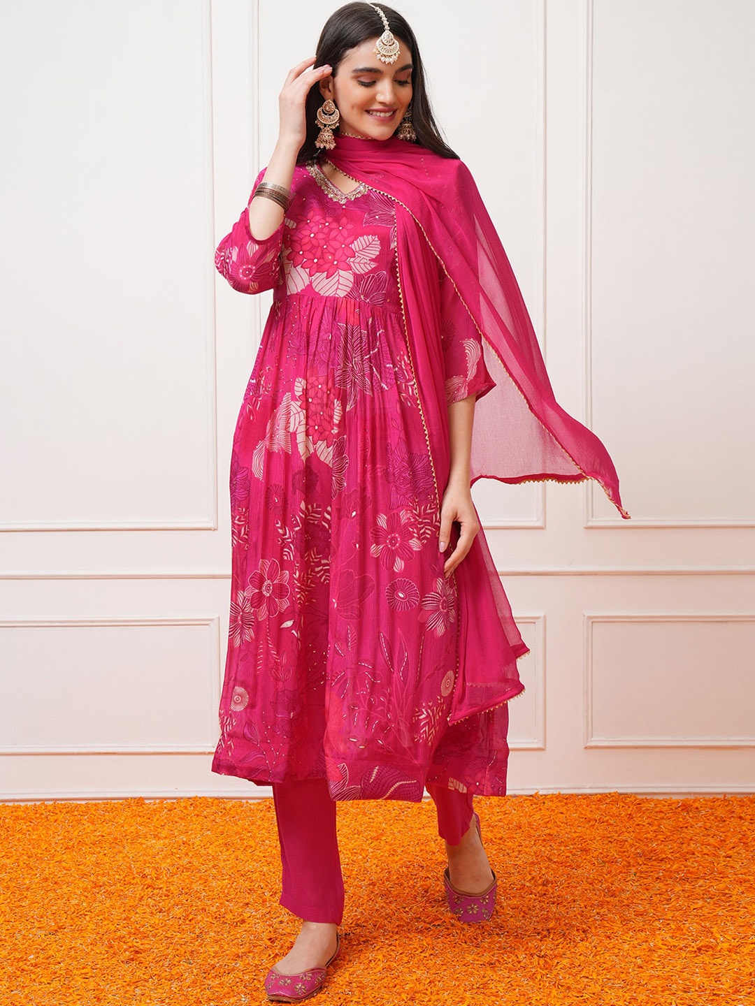 

Vishudh Floral Printed Regular Sequinned Kurta with Trousers & With Dupatta, Pink