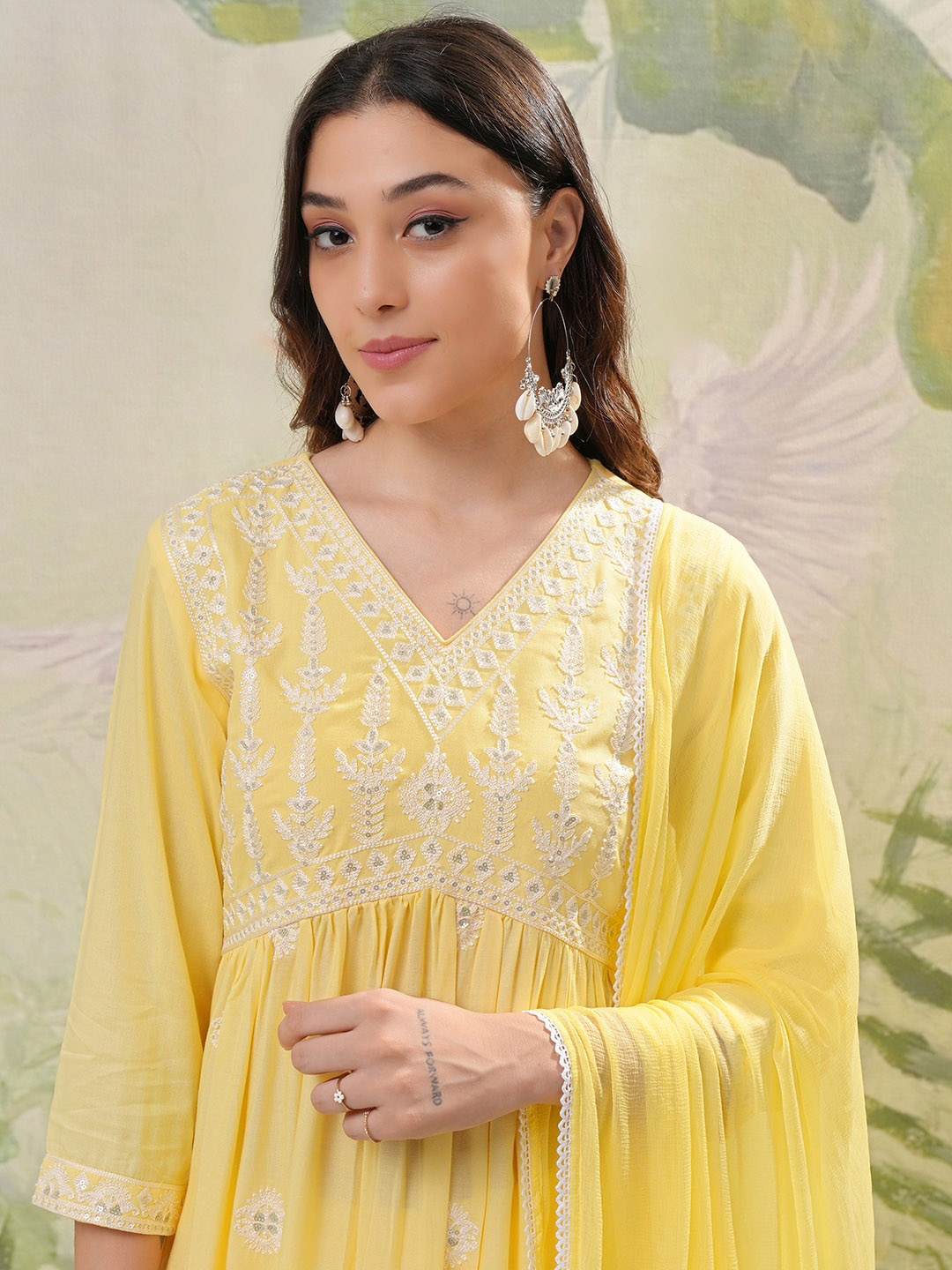 Vishudh Floral Embroidered Empire Thread Work Kurta with Trousers & With Dupatta, Yellow