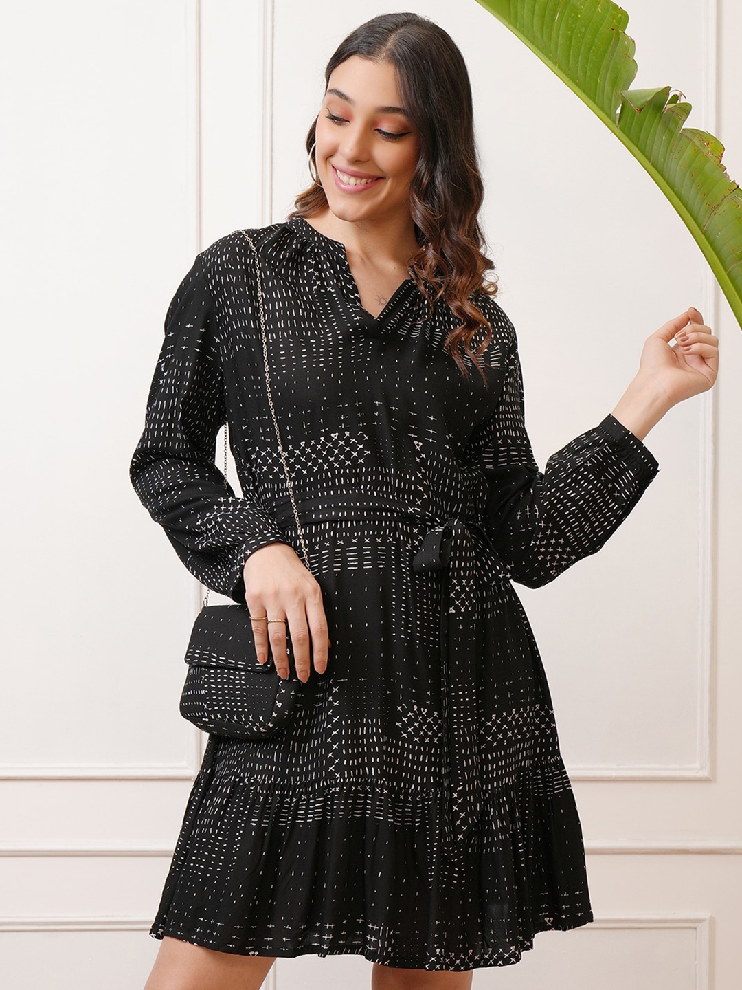 Vishudh Printed Puff Sleeves Fit & Flare Dress, Black