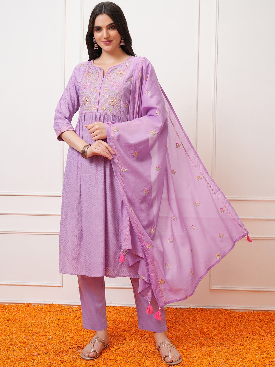 

Vishudh Regular Thread Work Pure Cotton Kurta with Trouser & Dupatta, Purple