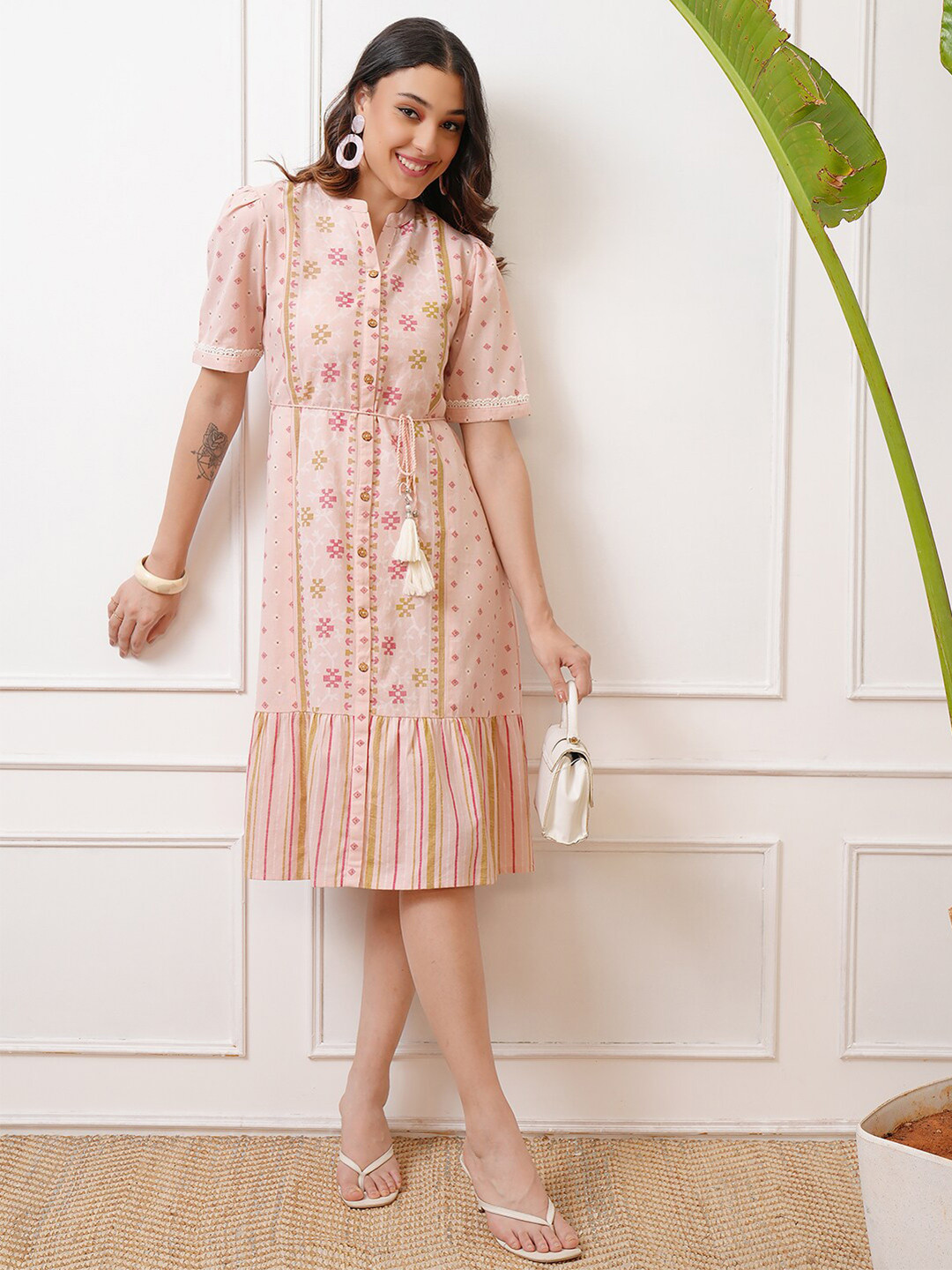 

Vishudh Floral Printed A-Line Dress, Pink