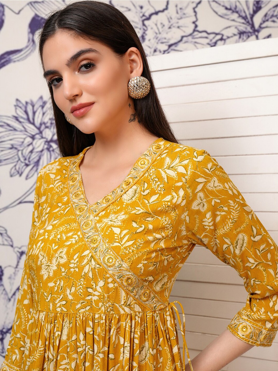 

Vishudh Floral Printed Flared Sleeves A-Line Midi Dress, Mustard