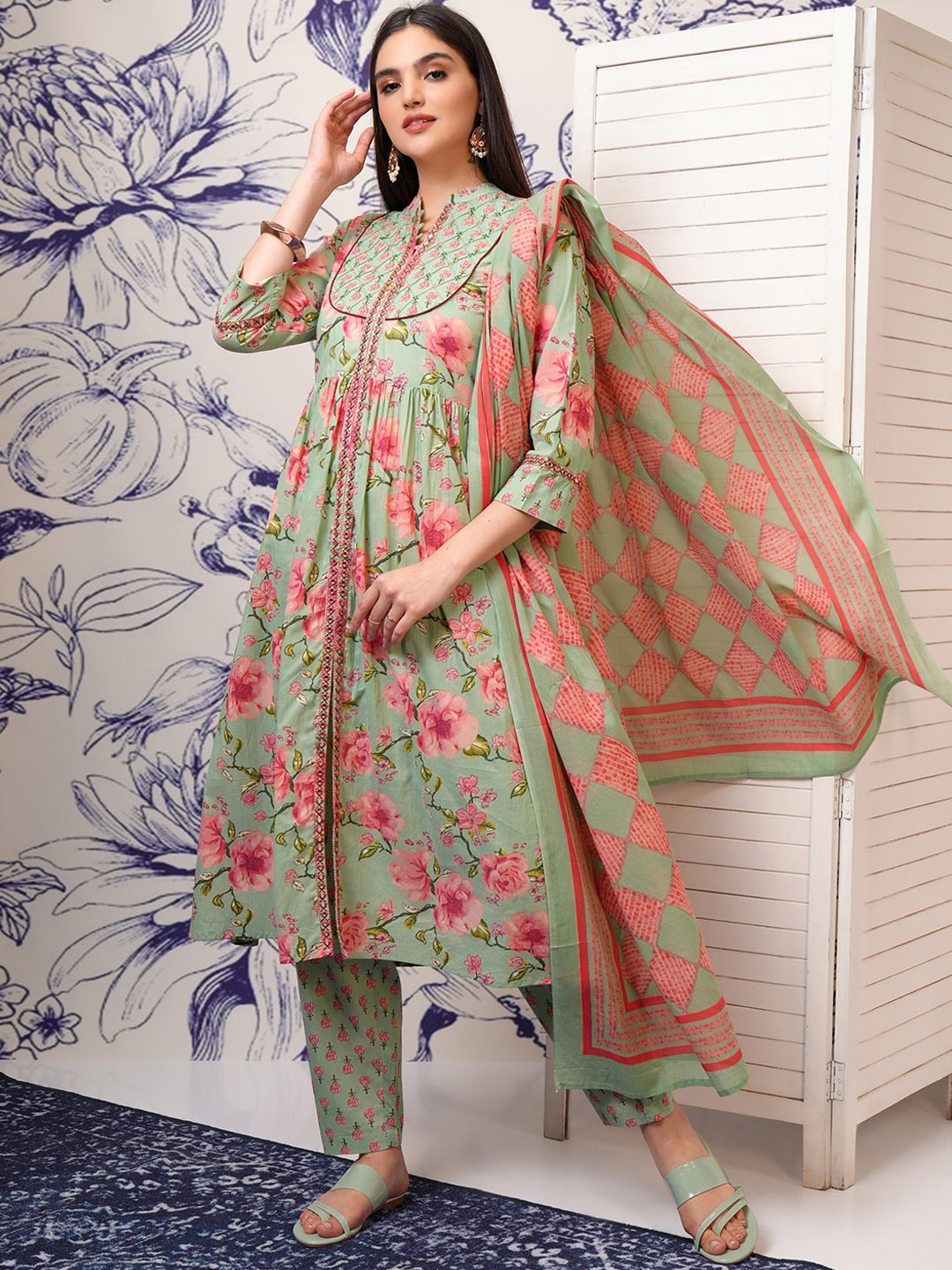 

Vishudh Green Floral Printed Mirror Work Pure Cotton Kurta With Trousers & Dupatta