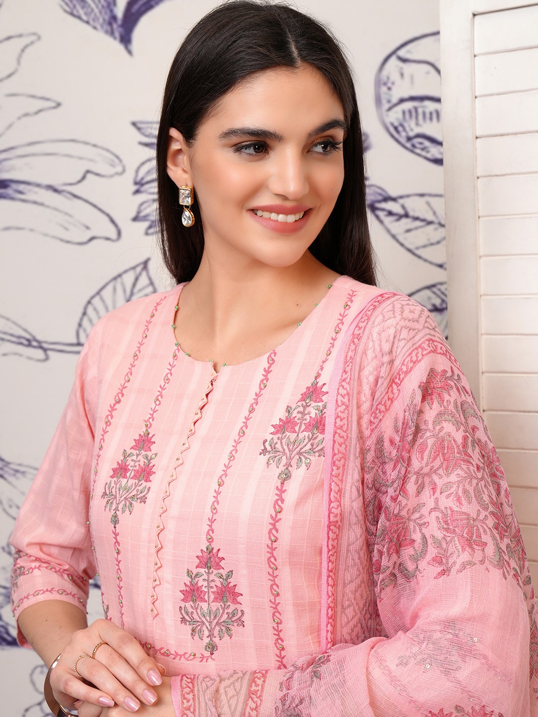 

Vishudh Floral Printed Regular Sequinned Pure Cotton Kurta with Trouser & Dupatta, Pink