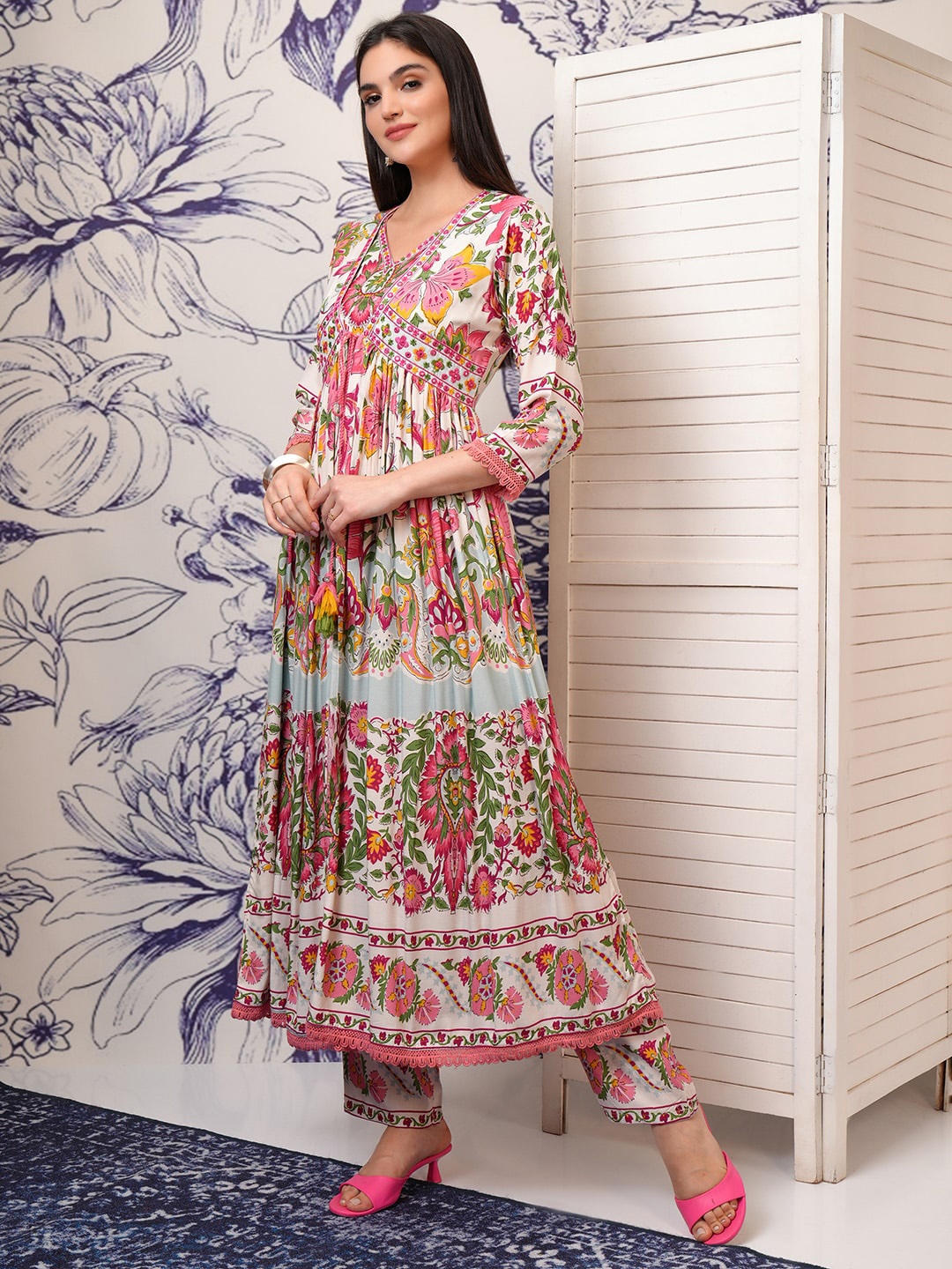 

Vishudh Floral Embroidered Regular Thread Work Top with Trouser, White