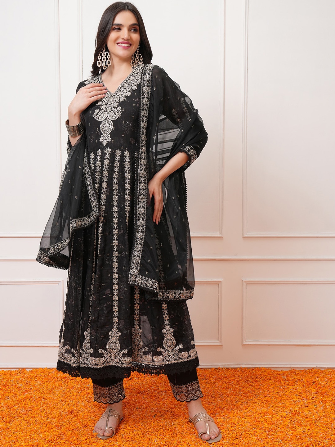 

Vishudh Black Paisley Embroidered Anarkali Kurta With Trousers & Dupatta