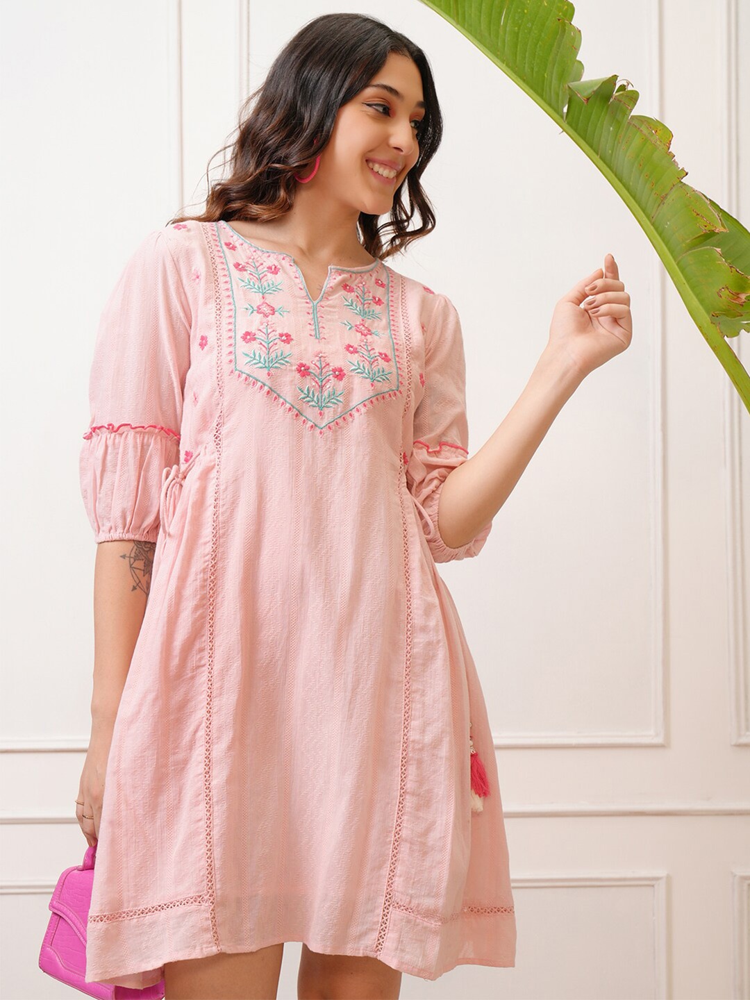 

Vishudh Pink Floral Embroidered Puff Sleeves Tie-Ups A-Line Dress