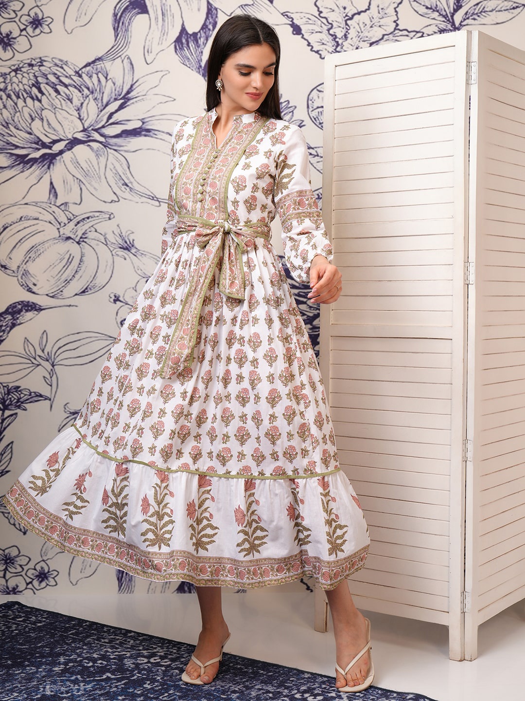 Vishudh Floral Printed Mandarin Collar Midi Dress, Brown