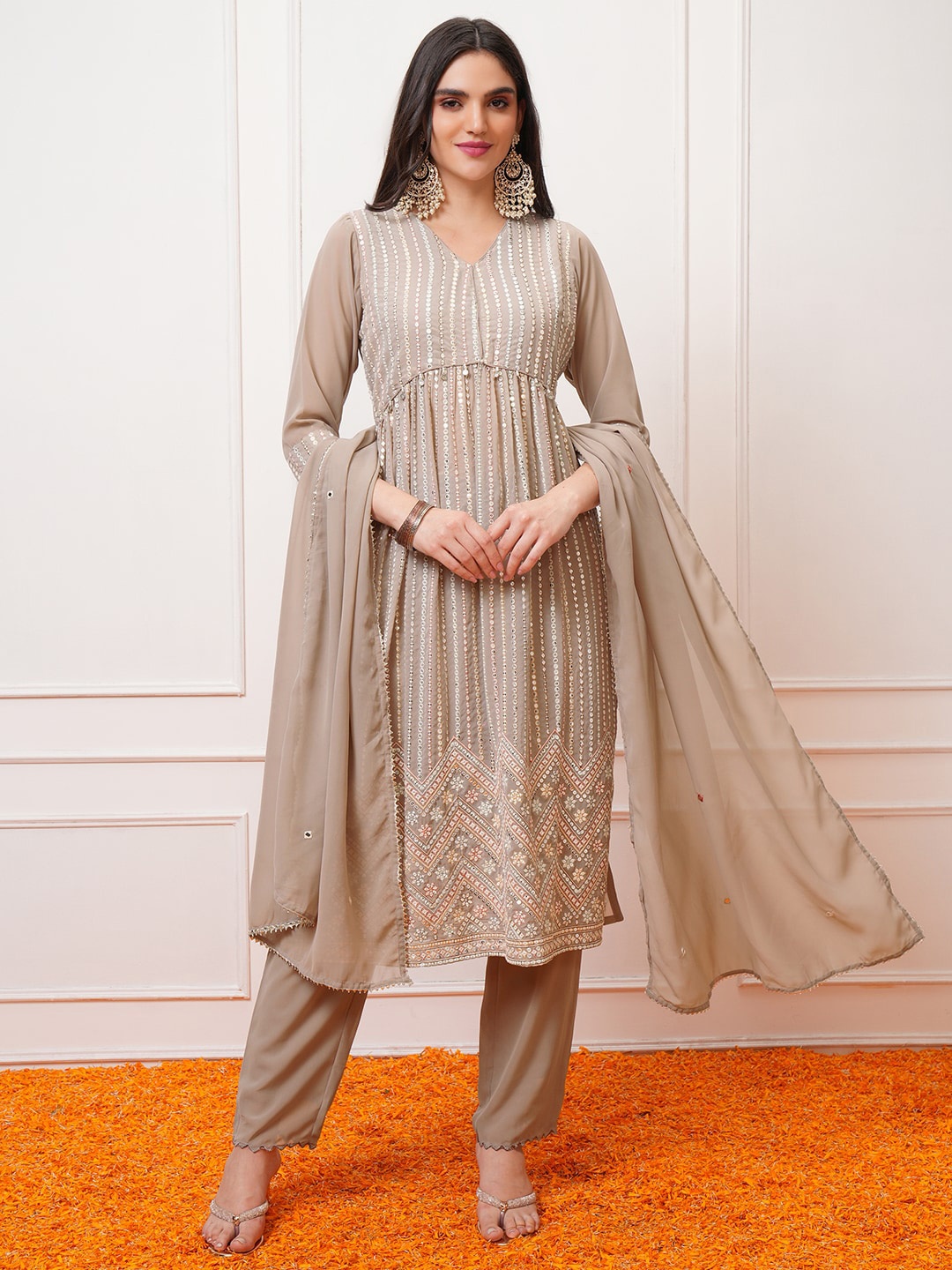 

Vishudh Embroidered Regular Mirror Work Kurta with Trouser & Dupatta, Brown