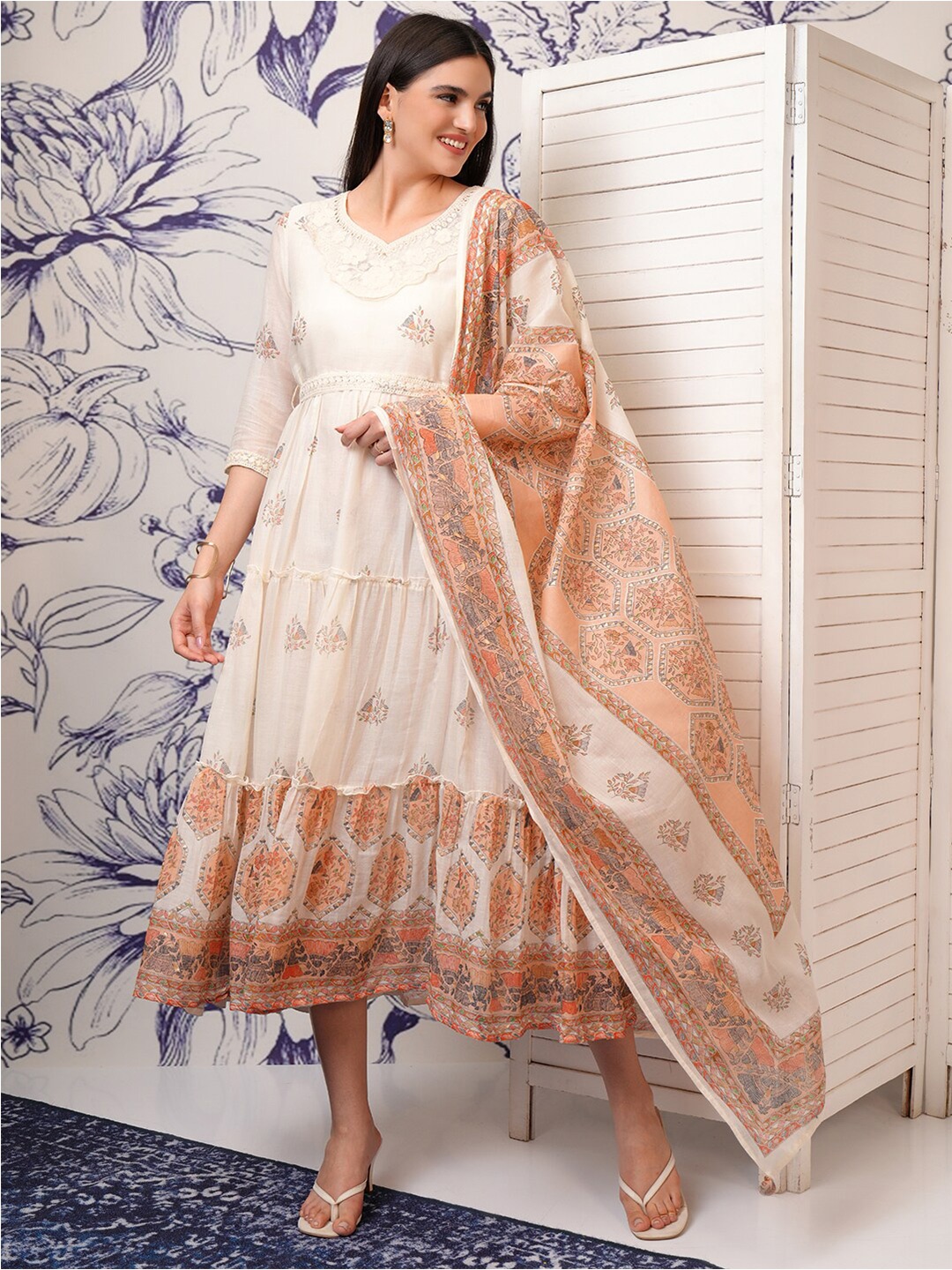 

Vishudh Floral Print V-Neck Fit & Flare Midi Cotton Ethnic Dress With Dupatta & Belt, White