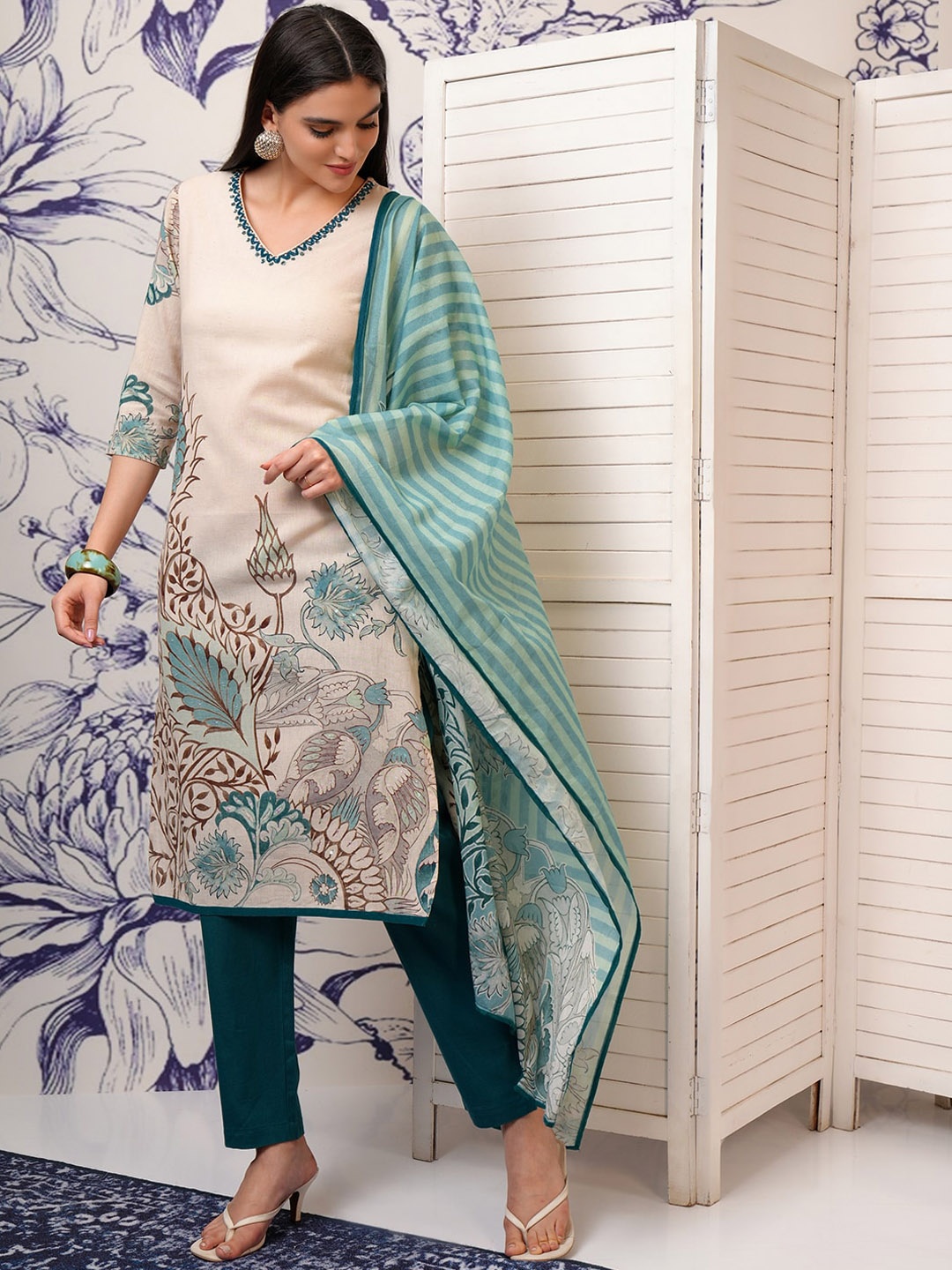

Vishudh Floral Printed Regular Sequinned Pure Cotton Kurta with Trouser & Dupatta, Beige