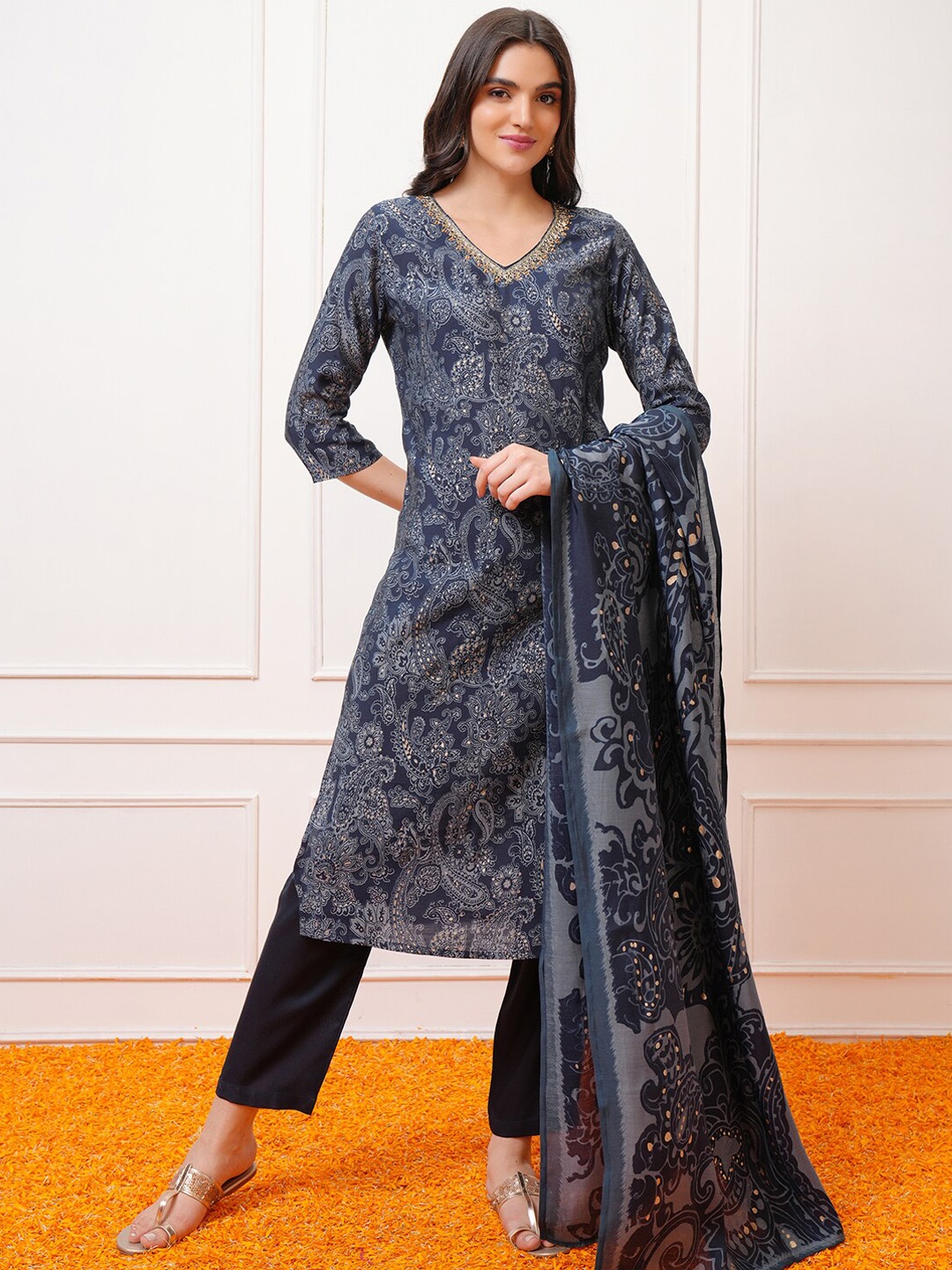 

Vishudh Paisley Printed Regular Kurta with Trousers & With Dupatta, Navy blue