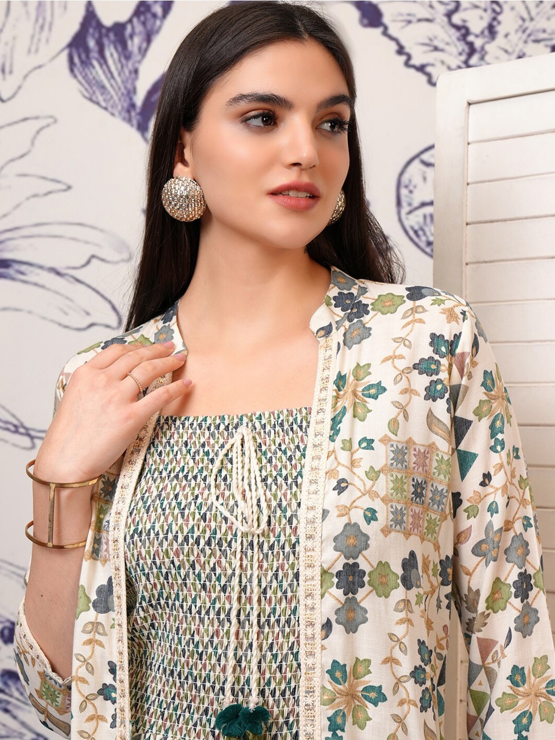 

Vishudh Floral Printed Mandarin Collar Midi Dress, Grey