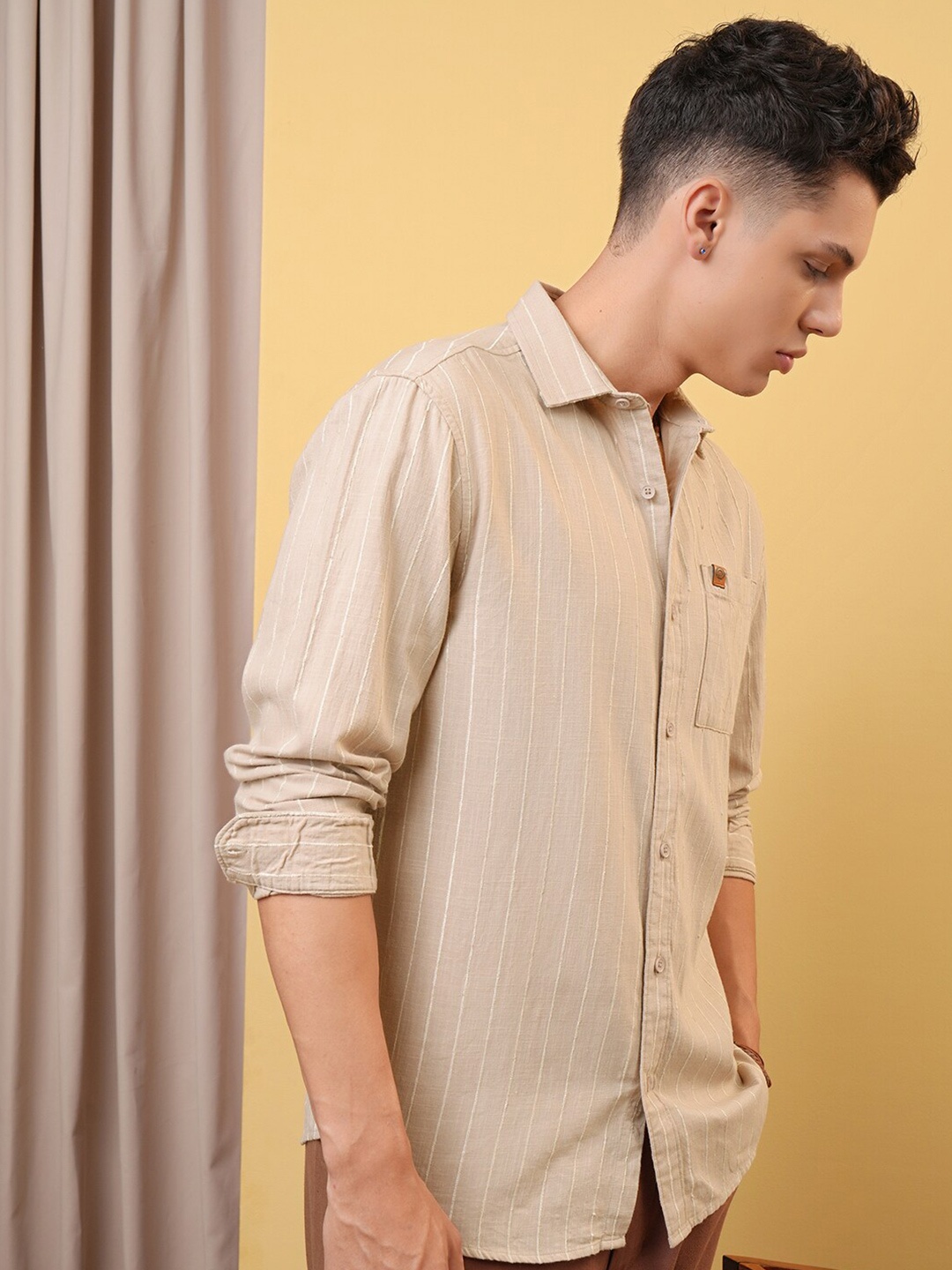 

LOCOMOTIVE Premium Dobby Textured Cotton Relaxed Shirt, Khaki