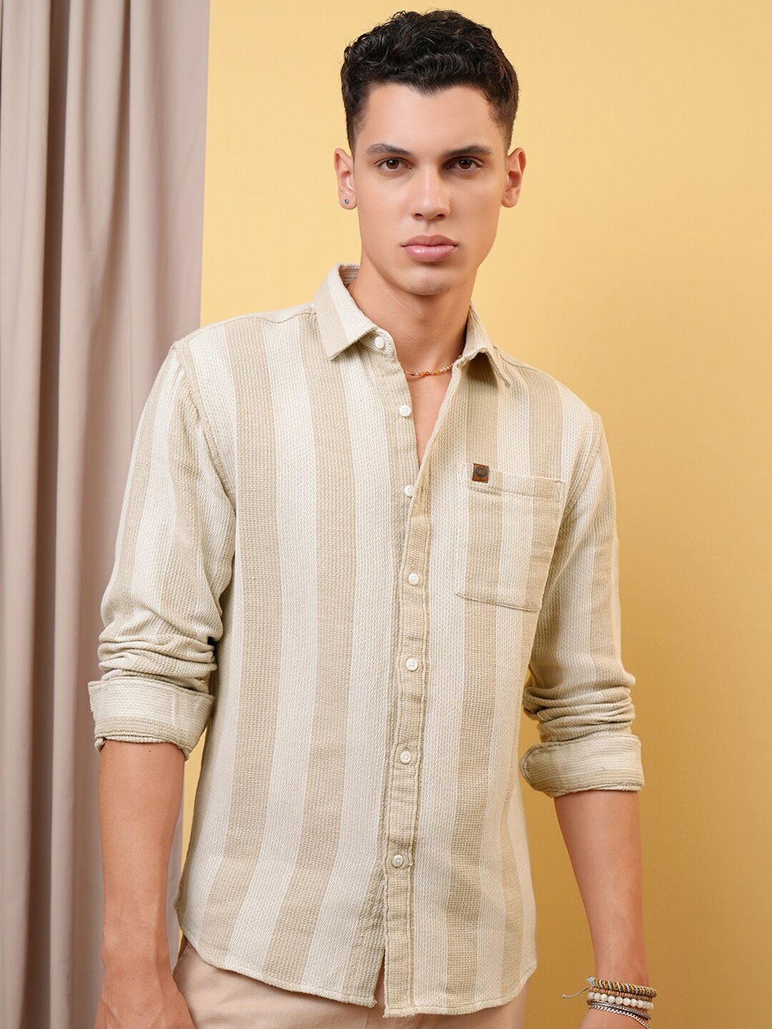 

LOCOMOTIVE Premium Dobby Textured Striped Relaxed Shirt, Beige
