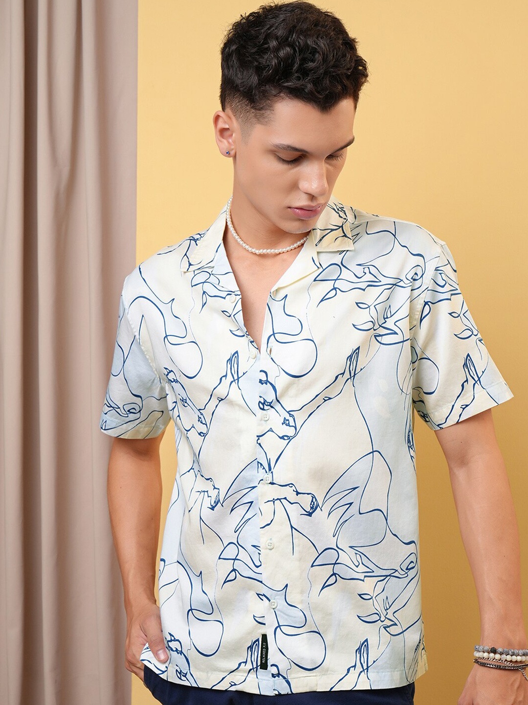 LOCOMOTIVE Premium Printed Cuban Collar Cotton Relaxed Shirt, Blue