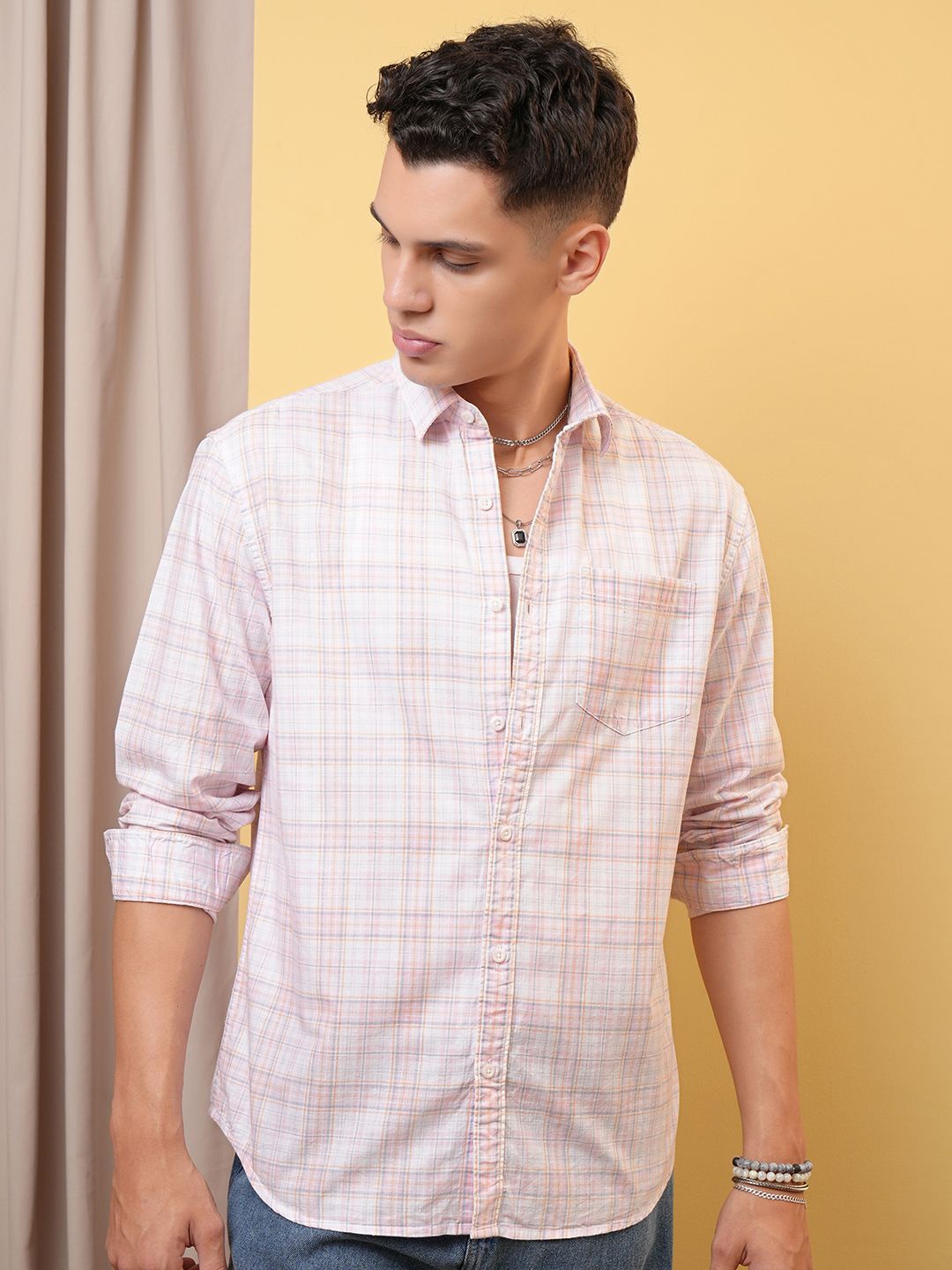 LOCOMOTIVE Premium Checked Cotton Relaxed Shirt, White