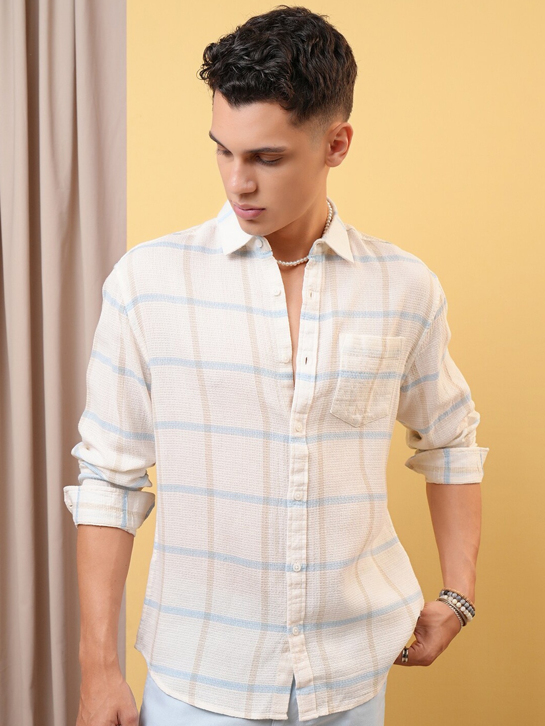 

LOCOMOTIVE Premium Dobby Checked Relaxed Casual Shirt, Cream