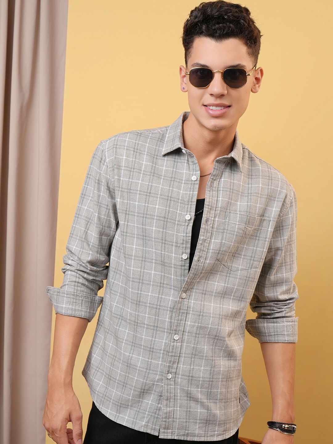 

LOCOMOTIVE Premium Dobby Textured Checked Cotton Relaxed Shirt, Grey